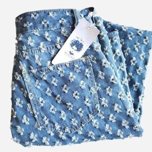 Denim Pant Distressed Perforated Blue Straight High Rise Grunge Streetwear NWT